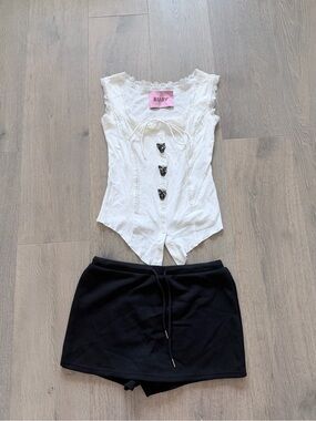 Coquette White Lace Trim Tank Top & Black Skort Set w/ Crystal Accents 🤍✨